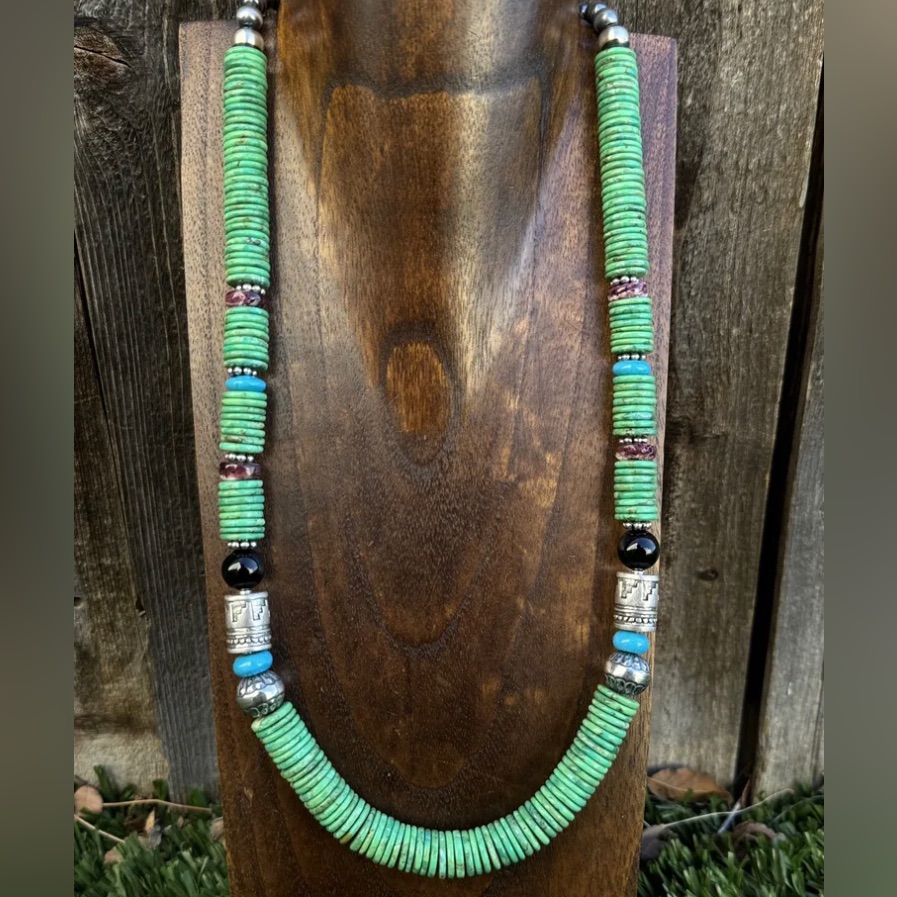 Sterling Silver Green Turquoise Multi Stone Bead Necklace. 26 Inch. Gift